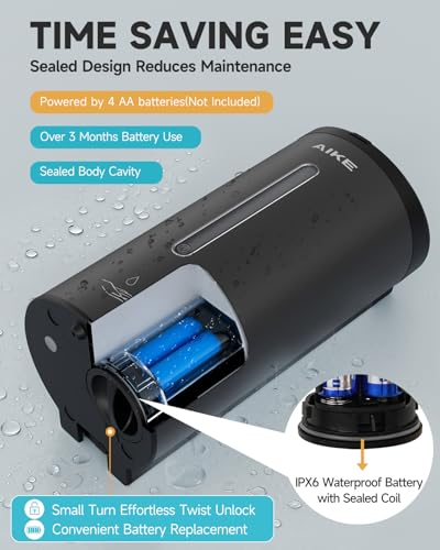 Image of AIKE Automatic Liquid Soap Dispenser,25oz Capacity for Bathroom,Matteblack | No-Drill and Screw Wall Mount Install Design for Space-Saving,4*AA batteries(Not Included) Ensure Long Standby,Model AK1205E