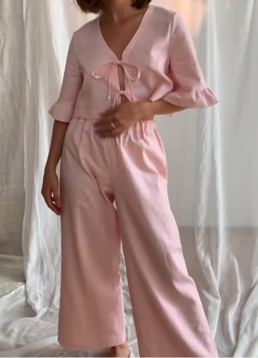 Image of Argeousgor Women Plaid 2 Piece Pajama Set Button Down Puff Sleeve Babydoll Shirt Gingham Pants Pj Lounge Set Sleepwear