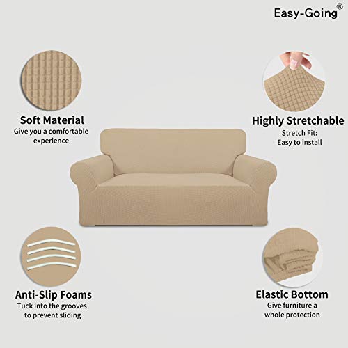 Image of Easy-Going Stretch Oversized Loveseat Slipcover 1-Piece Sofa Cover Furniture Protector Couch Soft with Elastic Bottom for Kids Polyester Spandex Jacquard Fabric Small Checks Sand