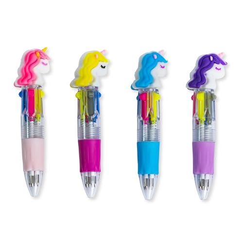 Toyseum 12 x Unicorn Multi All in One Colour Pens, Party Bag Fillers for Girls Party Bags, Cute Mini Unicorn Toy Stationary Pens for Gifts and Favours, Multi Coloured Pens 4 in 1, Pack of 12