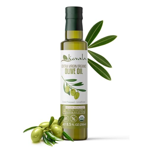Kevala Extra Virgin Organic Olive Oil: Unrefined Olive Oil with no Additives for Cooking and Baking at Home, Smooth Base for Salad Dressings, Gluten-Free Finishing Touch for Meals, Glass Bottle 8 oz