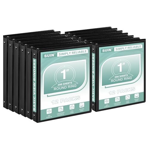 SUIN1-Inch 3-Ring-Binder, Customizable Clear View Cover, for US Letter Size 8-1/2 x 11'', Perfect for Office/School (Black - 12 Packs)