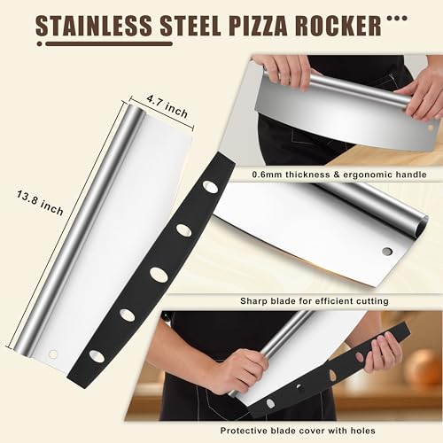 HaSteeL Aluminum Pizza Peel Spatula Set, 12 Inch Pizza Paddle Shovel, 14 Inch Metal Pizza Cutter Rocker, Pizza Oven Accessories Tools for Cooking Baking Turning Cutting, Long Detachable Handle