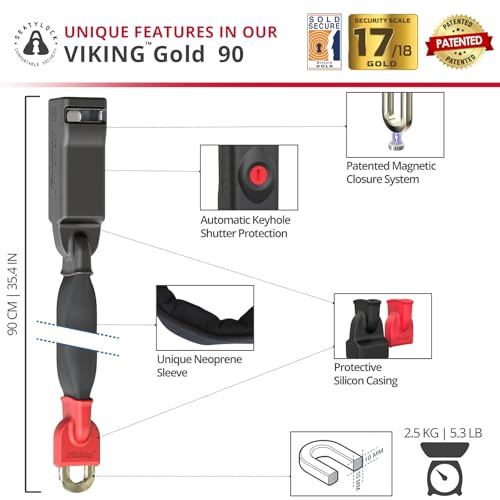 Image of Seatylock Viking Bike Chain Lock with Key - Magnetic Patented Sold Secure Rated - Heavy Duty Anti Theft - Smart Ultra Security Bicycle Lock (35.41 Inch, Gold Rated)