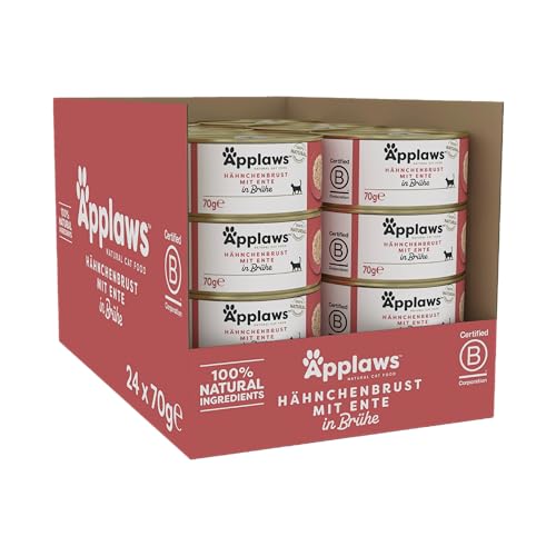 Applaws 100% natürliches Premium-Nassfutter für Katzen Hühnerbrust mit Ente in Brühe - Packung mit 24 x 70g Dosen
