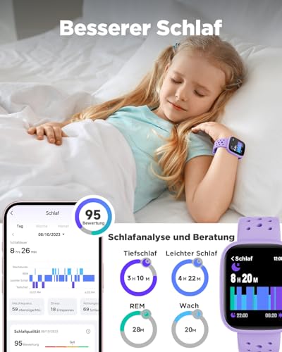 BIGGERFIVE Smartwatch Kinder, 1,8\ Fitness Uhr Schrittzähler, 24/7 Puls, Schlafmonitor, Vibrationsalarm, IP68 Wasserdicht, Puzzlespiele mit/ohne App, für Mädchen Teens 5–16, Lila