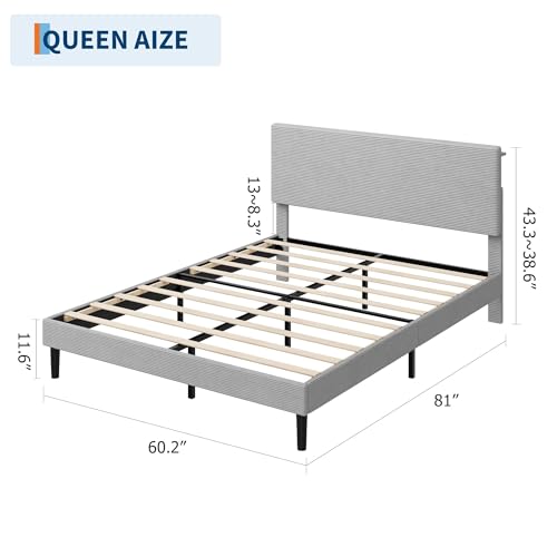 Image of GarveeLife Corduroy Upholstered Platform Bed Frame with USB Charging Station, Adjustable Storage Headboard, Wooden Slat Support, No Box Spring Needed, Easy Assembly, Queen Light Gray
