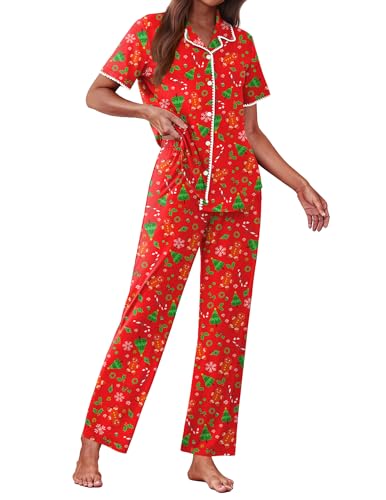 Ekouaer Womens Pajama Sets Button Down Loungewear Short Sleeve Sleepwear 2 Piece Pants Pjs Set with Pockets Xmas Red Gingerbread Man M