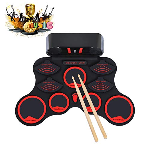 Elejolie Electric Drum Set for Kids Roll Up Drum Practice Kit Portable Rechargeable Drum Kit with Headphone Built-in Dual Speaker Drum Pedals Drum Sticks Children Beginners Gift for Festival