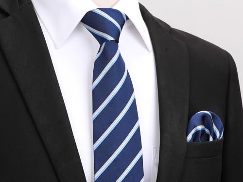 Image of HISDERN Mens Striped Ties Classic Silk Woven Tie and Pocket Square Set Formal Business Necktie Handkerchief for Wedding
