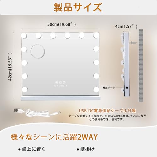 FENCHILIN 化粧鏡 女優ミラー ハリウッドミラー 壁掛け/卓上両用 ライト付き 鏡 三色照明モード 明るさ調節可能 14個LED電球付き 10倍拡大鏡付き 50x40cm の商品画像 3
