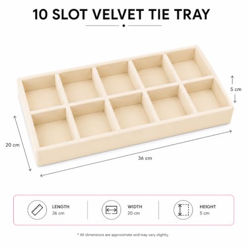 Image of 10 Slot Tie Organizer Tray for Ties and Accessories, Cream | Closet drawer storage tray with dividers for ties, pocket squares, belts, watches and small mens accessories arranged neatly