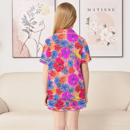 ALAZA Purple Hibiscus Flower Blossom Satin Pajamas Set Short Sleeve Button Down Sleepwear Summer Pjs 2 Piece4
