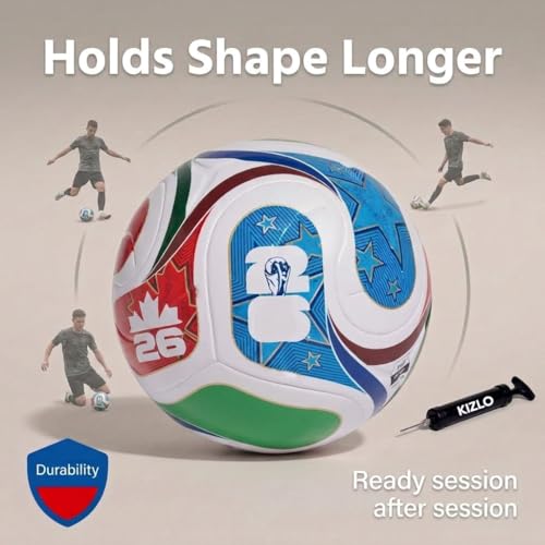 Image of Kizlo Size 5 Football - Hand-Stitched PU Leather Soccer Ball with Pump & Needle | High Grip, Durable & Air Retention | Training & Match Ball for Kids, Youth & Adults | World Cup Design Multicolor