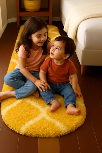 Image of Fluffy Silky Micro Fiber Polyster Carpet /Runner for Bedroom, Study Room, Playing Room, Guest Room ETC. 5x7 feet Feet, (Yellow and Ivory M II)