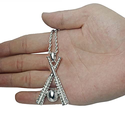Baseball Necklace Hip Hop Baseball Pendant Baseball Bat Cross Stainless Steel Pendant Necklace Sports Jewelry Sports Necklace Rhinestone Baseball Necklace for Men and Women (Silver)3