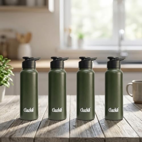 Image of Clazkit Alpha Sporty Stainless Steel Water Bottle Single Wall 750ml Set of 4| Lightweight, Leak-Proof, Reusable | Ideal for School Kid,Office, Gym & Travel | Green