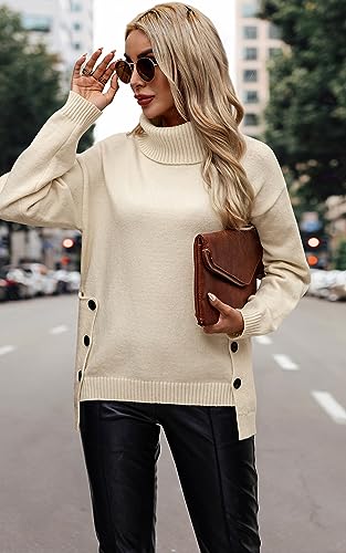 ECOWISH Women Fall Pullover Sweater Turtleneck Plaid Long Sleeve Loose Casual Chunky Checked Knit Winter Sweaters Jumper Tops B-Light Beige XL3