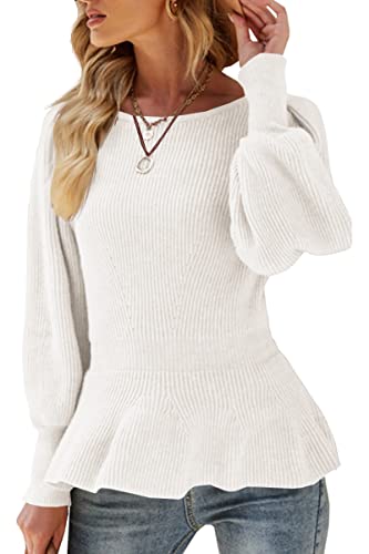Image of Womens Fall Puff Sleeve Peplum Casual Slim Fit Knit Pullover Sweater Jumper Tops