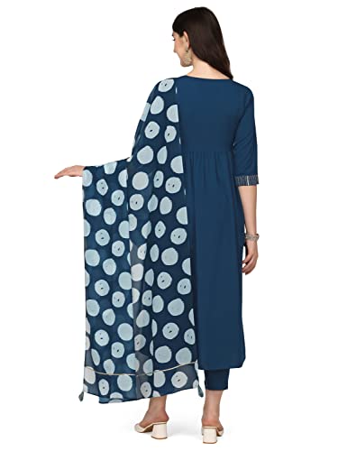 Women's Teal Blue Poly Crepe Straight Kurta with Pant and Dupatta SET00593