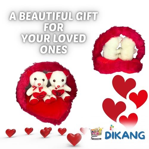 Image of DIKANG Couple Teddy Bear Bouquet with Heart for Valentine's Day Gift | Valentine Gift for Boyfriend /Girlfriend /Husband /Wife - 35cm (Off- White & Red)