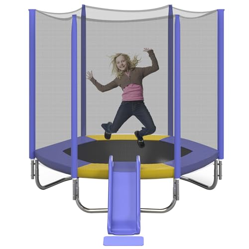 Merax 7FT Outdoor Trampoline for Kids with Safety Enclosure Net, Slide and Ladder, Easy Assembly Round Outdoor Recreational Trampolines, Outdoor Play Equipment, Purple