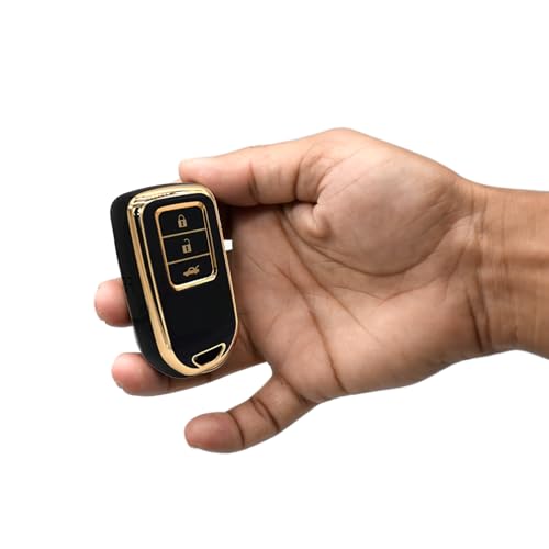 Image of KMH TPU Gold Car Smart Key Cover Compatible for Honda City, Civic, Jazz, Amaze, CR-V, WR-V, BR-V 3 Push Button Smart Key Shell Case Holder, Key Protecter (Black Gold) Pack of 1