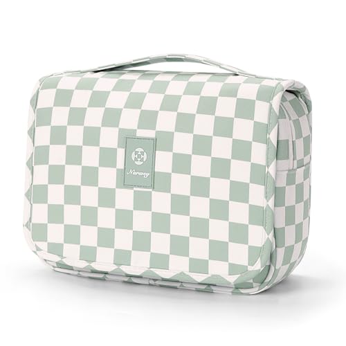 Narwey Kariert Kulturtasche Damen & Kulturbeutel Damen Herren, Kulturtasche zum Aufhängen, Kosmetiktasche Schminktasche Waschtasche für Frauen & Mädchen (Mintgrünes Schachbrett)