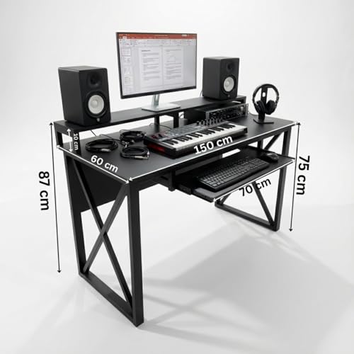 Image of FFo Music Studio Desk | Music Studio Desk with Keyboard Tray | Workstation,Laptop PC Computer, Music Instrument Table for Music Producers | (Black) | (150L x 60W x 87H CM) | DIY