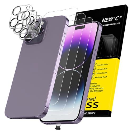 NEWC 3x for iPhone 14 Pro Max Screen Protector (6.7 inches)+ 3x Camera Lens Protector Sensor Protection + Dust Plug - Case Friendly Tempered Glass Film Ultra Resistant