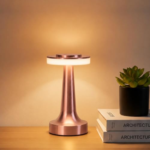 Image of One94Store Rechargeable LED Table Lamp with Touch Control, 3-Level Brightness, Retro Rose Gold Metal Design, Perfect for Bedside, Nursery, Home & Cafe Decor