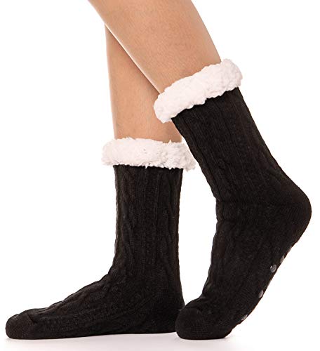 Womens Slipper Socks Plush Fuzzy Cabin Fleece Fluffy Cozy Stocking Stuffers with Gripper Winter Non Skid Huggle Socks(Black)