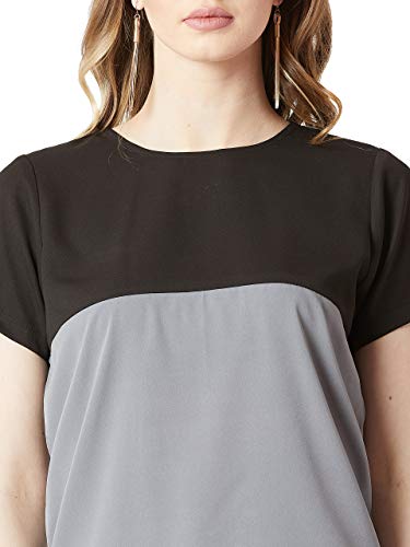 Image of Miss Chase Women's Navy Blue and Yellow Round Neck Boxy Top