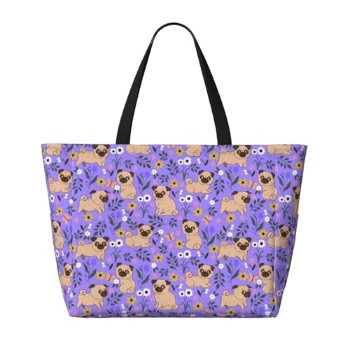 Pugs And Flowers Print Beach Pool Bags Tote For Women Ladies Large Gym Tote Carry On Bag For Weekender Travel Waterproof2