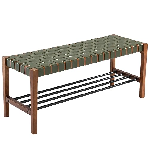 Kmax Storage Entryway Bench Woven Straps Shoe Rack Bench for Hallway Entrance Bedroom Corner, Green