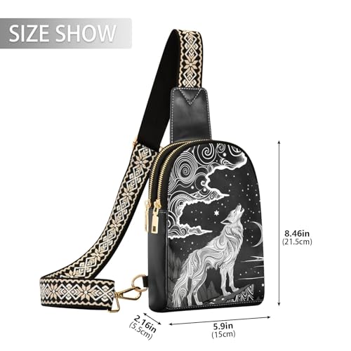 Leather Printed Sling Bag for Men Women Black Wolf Moon Durable PU Leather Waterproof Crossbody Bag for Travel, Adjustable Jacquard Straps and Personalized Prints2
