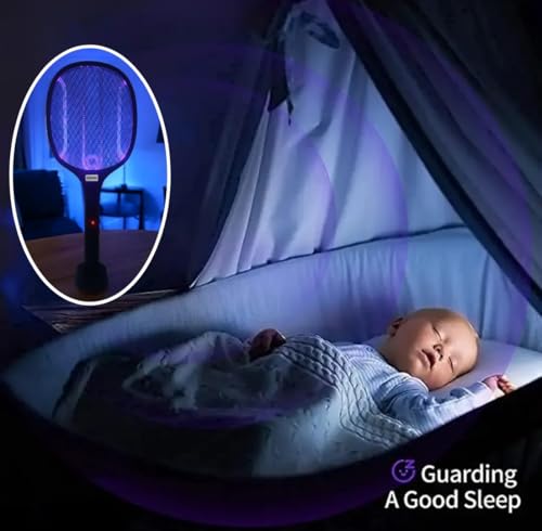Image of osring 2 in 1 UV Light Mosquito Bat Racket Electric Fly Swatter with Base Stand, Lithium Battery, USB Type-C Charging, Black, Made in India