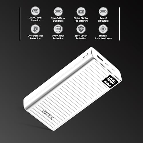 Image of Intex Strong Comet 20K Poly 20000mAh High Capacity QC PD Power Bank with 22.5W Fast Charging, Digital LED Display, Dual Input Type-C and Micro USB, Multiple Output Ports, Long Backup (White)