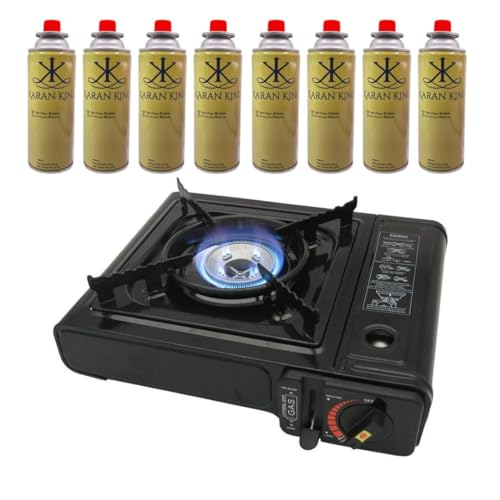 UTTAM Black Portable Camping Stove with Cary Case | EN417 Compliant Camping Portable Stove | Camping Stove with Automatic Ignition & Heat Control (Stove + 8 Butane Cannister)