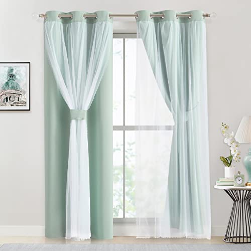Image of Bujasso Aqua 80% Blackout Curtains with Sheer Overlay Mix and Match Double Layer Thermal Insulated Window Panels 84 inch for Living Room Bedroom Mint Green Drapes with Tiebacks Grommet Top 37 inchWx84 inchLx2