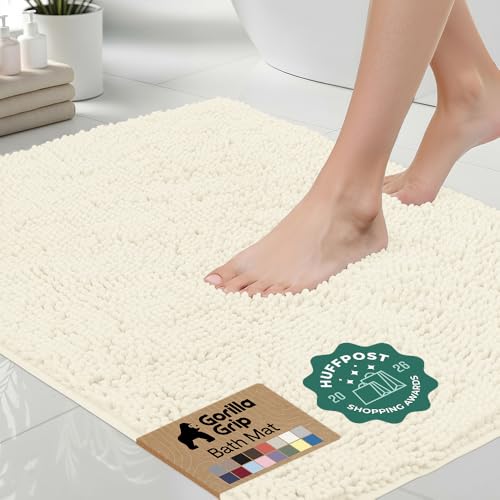 Image of Gorilla Grip Original Luxury Chenille Bathroom Rug Mat, 48x24, Extra Soft and Absorbent Shaggy Rugs, Machine Wash and Dry, Perfect Plush Carpet Mats for Tub, Shower, and Bath Room, Ivory Cream