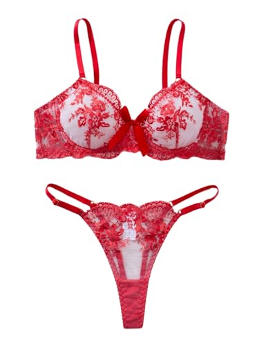 Image of Sexy Floral Embroidered Flower Mesh Underwire Push Up Lingerie Set