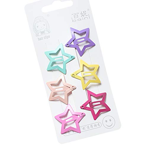 Simdoc 6Pcs/Set Children Girls Metal Alloy BB Hair Clips Geometric Five-Pointed Star Shape Hollow Snap Barrettes Candy Color Hairpins 11 Styles