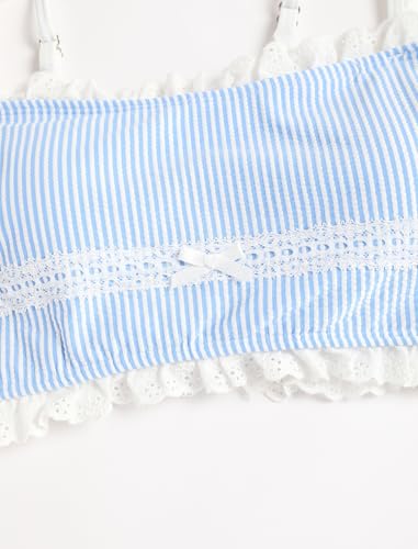Image of ZAFUL Womens High Waisted Bikini Sets 2 Piece Plaid Ruffle Swimsuits Back Strap Top with High Waisted Shorts Bathing Suit