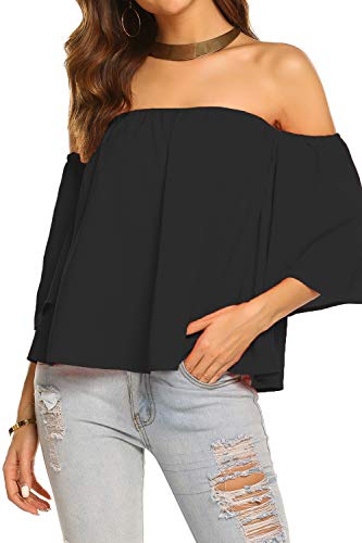 Bluetime Women Summer Off Shoulder Chiffon Blouse Ruffles Short Sleeves Tops Casual T Shirt3