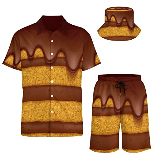 AsqLdQM Ensemble de 2 chemises et shorts hawaïens pour homme avec chapeau cloche, Gâteau, XL