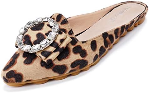 Cattle Shop Women's Pointed Toe Bohemian Rhinestone Mules Slip-on Shoes Flats Loafers Wallking Slippers, Leopard, 10