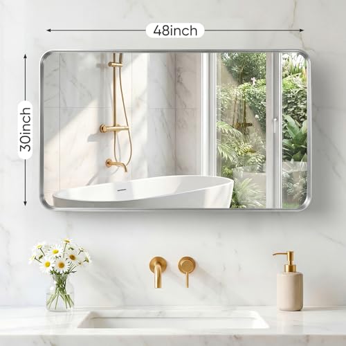Image of Sweetcrispy Bathroom Mirror 48x30 Inch Metal Framed Rounded Rectangle Vanity Mirror for Wall, Over Sink, Farmhouse, Restroom, Anti-Rust, Modern Decorative, Horizontal or Vertical Hanging, Silver
