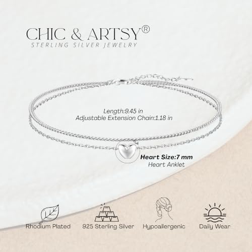 Image of CHIC & ARTSY 925 Sterling Silver Ankle Bracelets for Women, Adjustable Double Layer Chain Anklets, Minimalist Lightweight Foot Jewelry for Beach & Everyday Wear