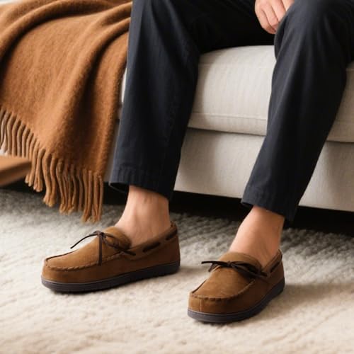 Image of ULTRAIDEAS Men's Luke Moccasin Slippers Memory Foam Cozy House Slippers, Warm Comfy Slippers for Men, Indoor Outdoor Loafer Anti-Slip Home Shoes